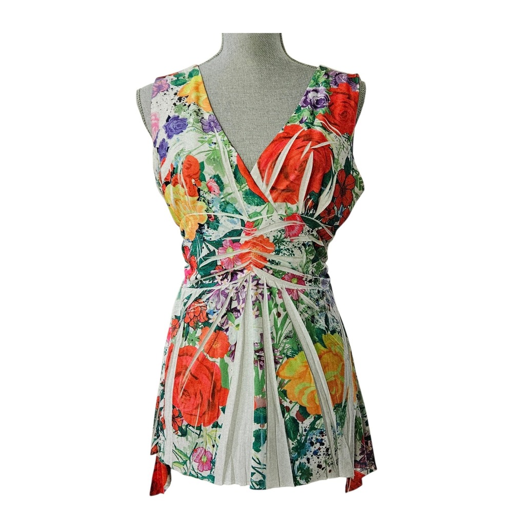Vixen Womens‎ Floral Ruched Fairy Babydoll Sharkbite Tunic Top Large Boho Garden